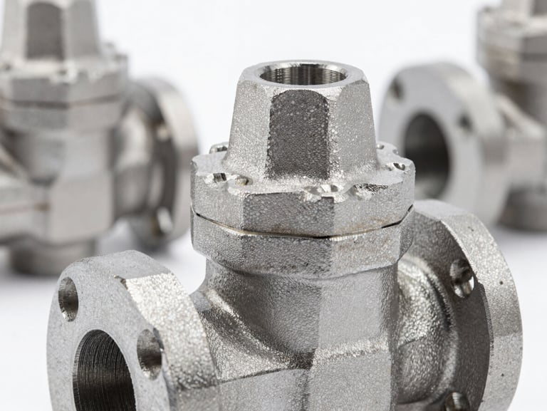 Macro shot of a forged steel valve flange, bright industrial studio lighting, sharp focus on metal finish.