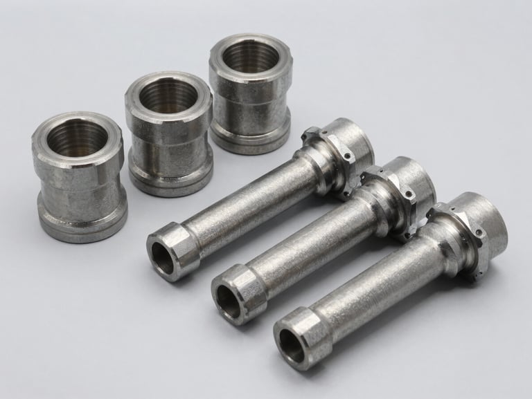Forged steel flowline pup joints and swivel joints laid out on a clean gray surface, bright studio light