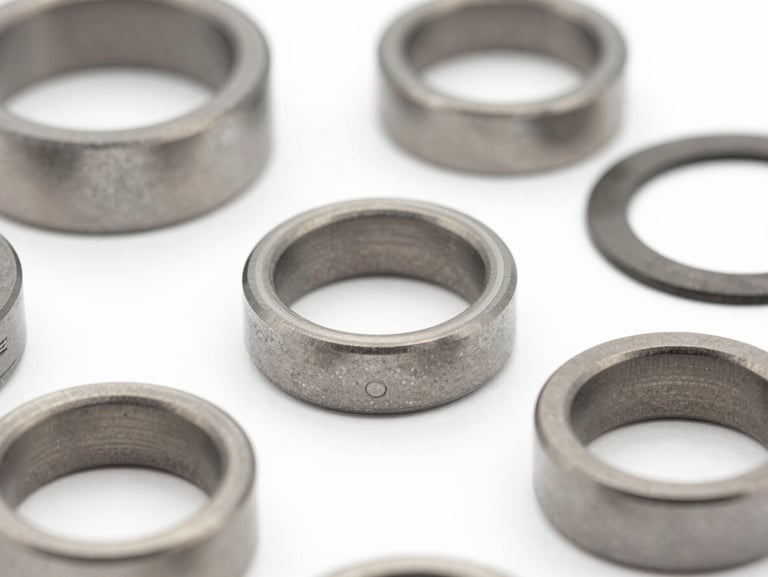Close-up of precision machined steel gaskets, rings, and wellhead spare parts, bright daylight