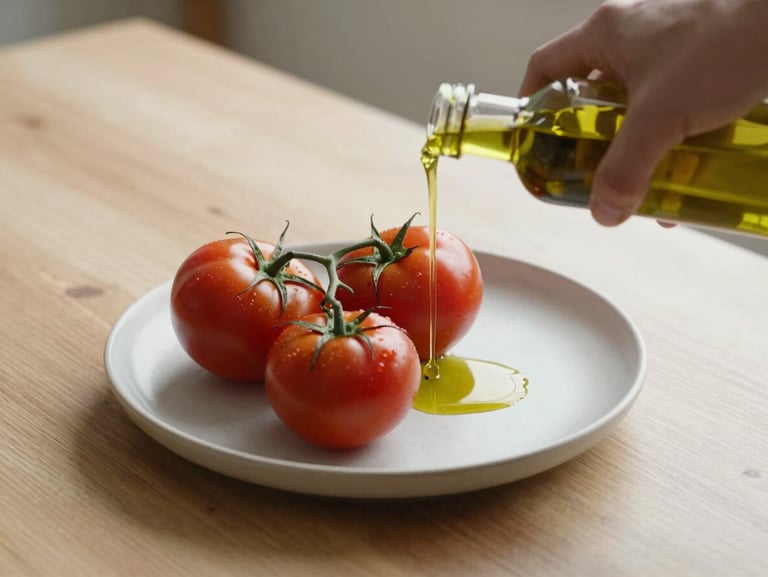 Soft natural daylight on a clean Scandinavian-style wooden table, a minimalist ceramic plate with fresh heirloom tomatoes, blurred hands pouring olive oil.