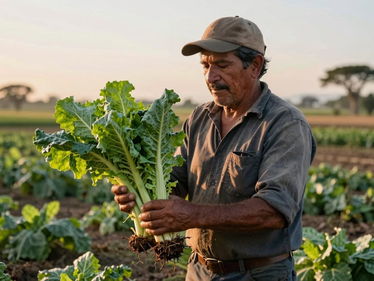 Manos de agricultor sosteniendo hortalizas recién cosechadas con restos de tierra, luz natural suave de amanecer en el campo.