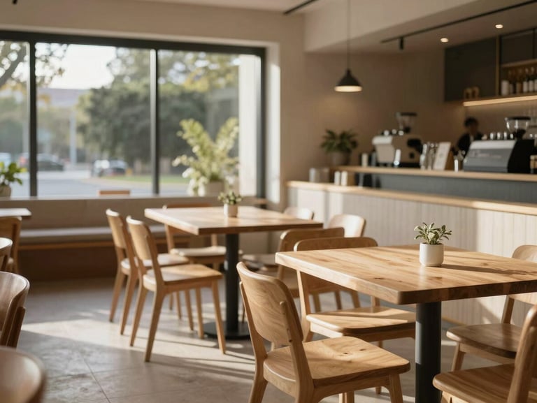 Interior de un restaurante de diseño escandinavo, mesas de madera clara vacías antes del servicio, luz suave de tarde entrando por un gran ventanal.