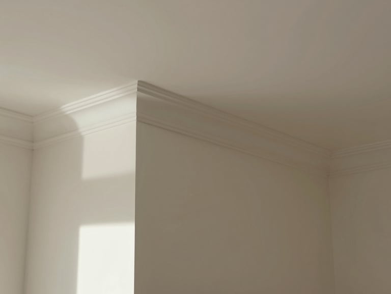 Close environmental shot of a finished room corner showing painted crown moulding meeting wainscoting, empty room, north-facing daylight, the reveal shadow crisp and clean