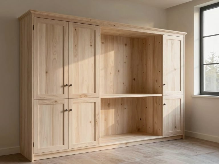 Wide shot of a completed built-in cabinetry unit in natural white oak, inset doors closed, empty interior room, golden-hour daylight from a window off-frame right, grain texture clear