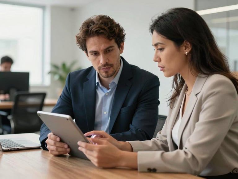Collaborative discussion between a professional financial advisor and a client in a modern Brazilian workspace, looking at a tablet screen together.
