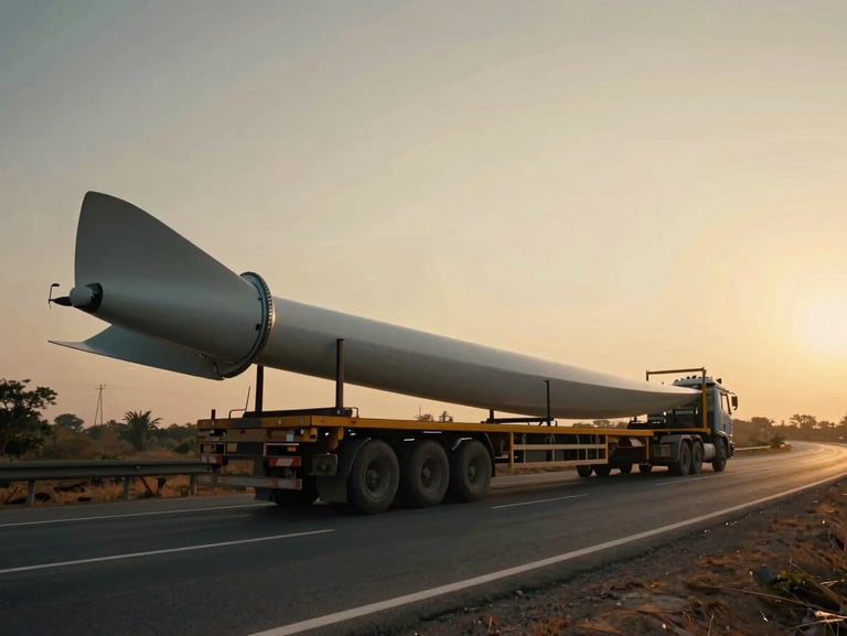 Wide-angle cinematic industrial photography of a massive multi-axle trailer carrying a wind turbine blade along a winding Indian highway at golden hour, deep steel and amber tones, 35mm.