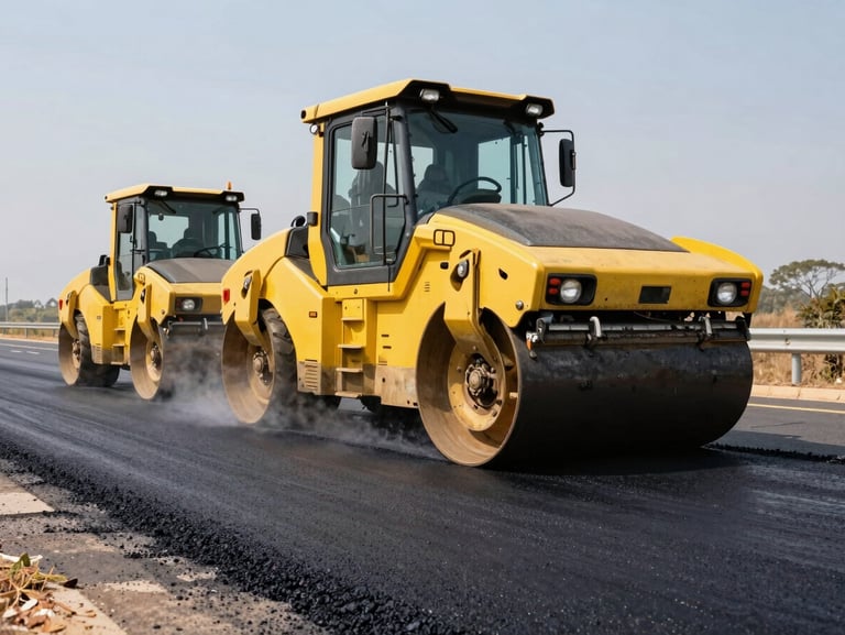 Low-angle heroic shot of a heavy asphalt paving machine laying fresh hot-mix asphalt on a South African highway, steam rising, yellow road roller in background