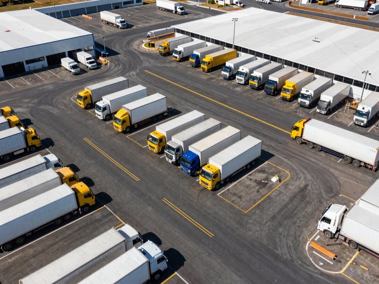 Overhead drone shot of a massive completed commercial logistics parking lot, crisp white and yellow road markings, heavy delivery trucks parked neatly