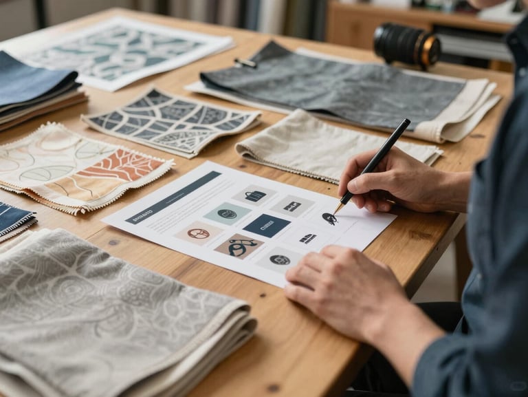 A designer and a pattern maker reviewing a digital brand layout next to physical fabric swatches on a wooden workbench, warm daylight