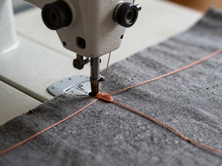 Macro shot of a heavy industrial sewing machine stitching a burnt terracotta thread line through thick stone-gray canvas material