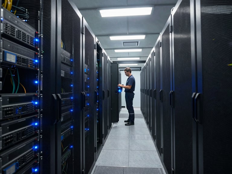 Wide shot of an active data center aisle, server racks with blue status LEDs illuminating rows of equipment, cool overhead fluorescent lighting casting sharp shadows on cable management panels, an engineer's perspective looking down the corridor