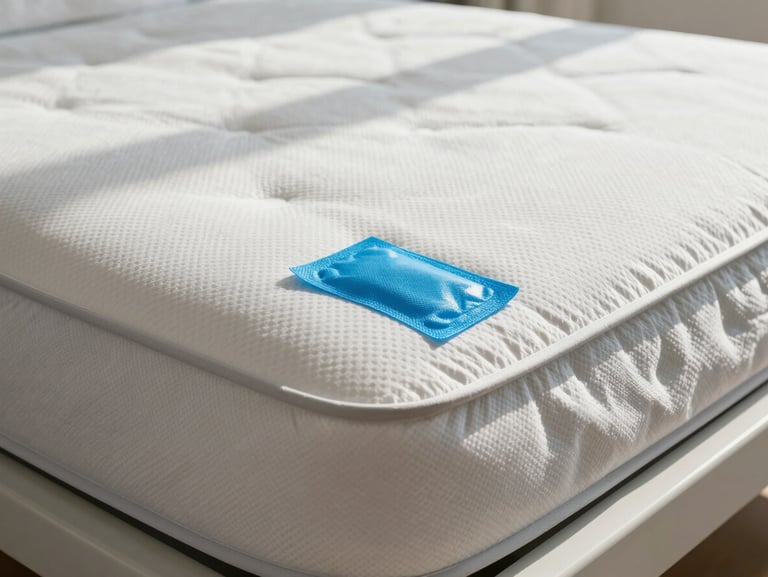 Close-up of a clinical-grade low-air-loss mattress showing a bright blue sanitized seal tag under bright daylight.