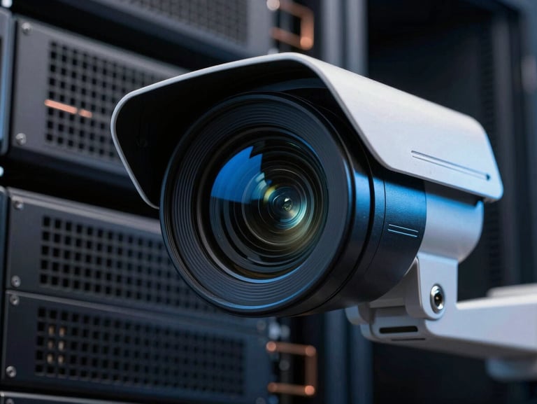 Macro shot of a high-tech CCTV camera lens reflecting an industrial facility, sharp blue accent lighting, dark technical photography, 35mm