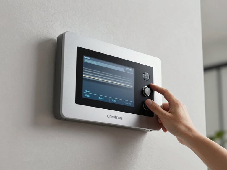 Primer plano de control de pared inteligente Crestron activando persiana enrollable silenciosa.
