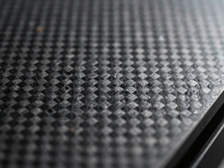 Macro scale photography of a carbon fiber composite layer pattern, showing perfect alignment and zero void spaces under precise industrial lighting.
