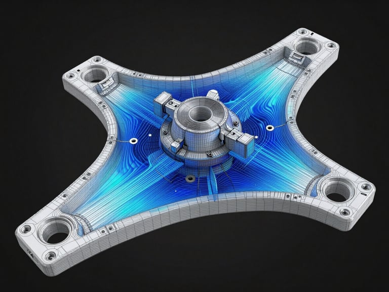 A high-fidelity CAD wireframe render of a generative aerospace bracket, showing stress concentration points highlighted in electric blue overlays.