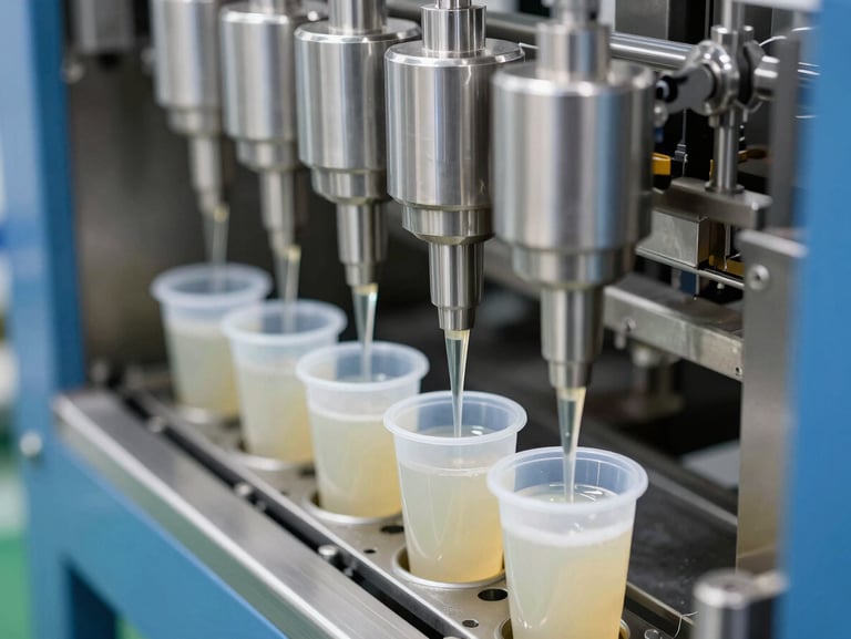 High-capacity form-fill-seal packaging machine in operation, filling cups with liquid product, stainless steel nozzles