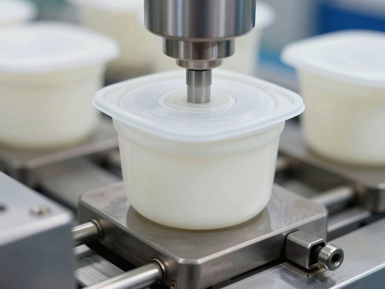 Close-up of a thermoforming mold sealing a rigid plastic dairy container, high precision, steel tones