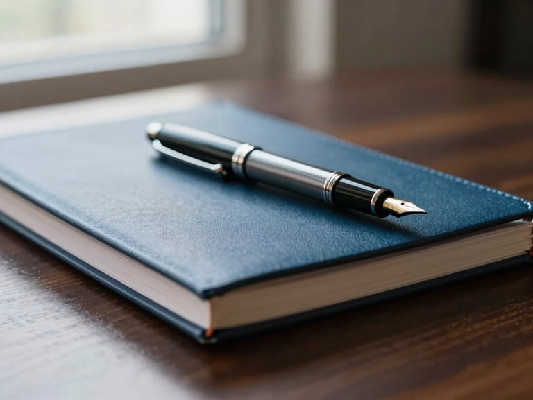 Close-up of a designer notebook and fountain pen on a dark wooden desk, soft natural window light, shallow depth of field.