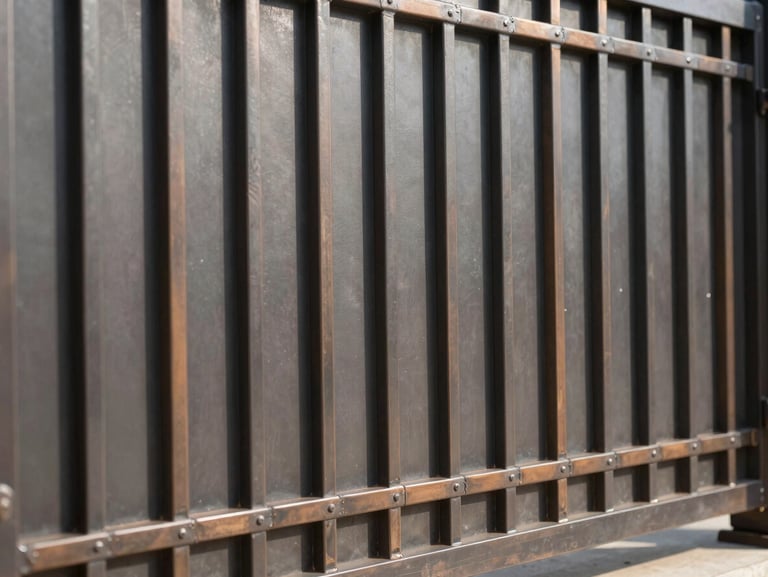 Close-up architectural shot of a custom-fabricated bronze-accented metal fence and gate for a private estate, clean welded seams, high-contrast sunlight casting linear shadows, industrial premium finish