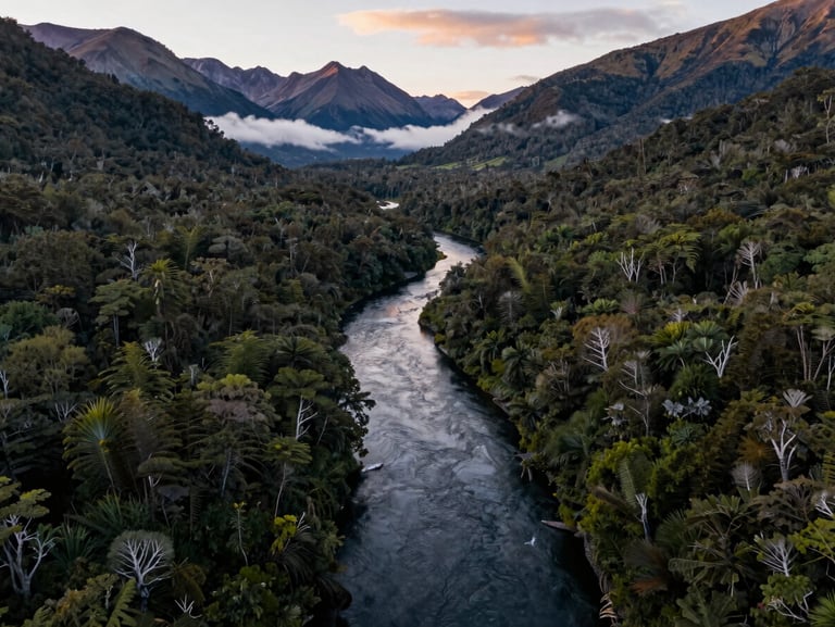 Drone perspective of a winding river cutting through dense green Patagonian rainforest, misty mountains in background under soft evening light