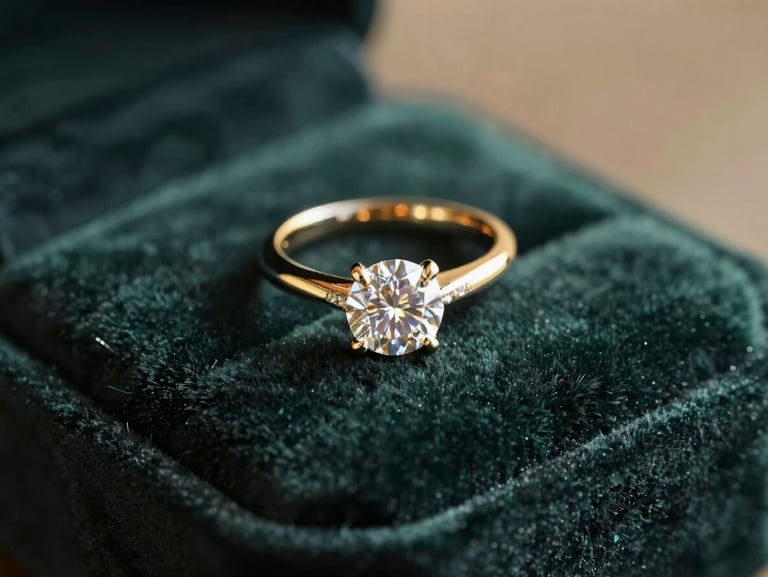 Close-up of a diamond bridal ring set on a dark velvet cushion, soft golden-hour side lighting, luxurious editorial styling