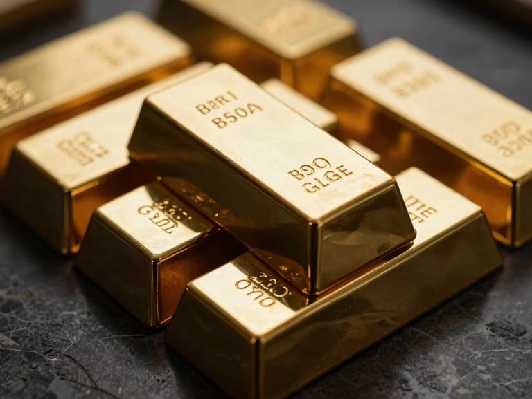 Macro shot of physical gold bullion bars stacked neatly on a dark marble surface, dramatic directional lighting, rich gold tones
