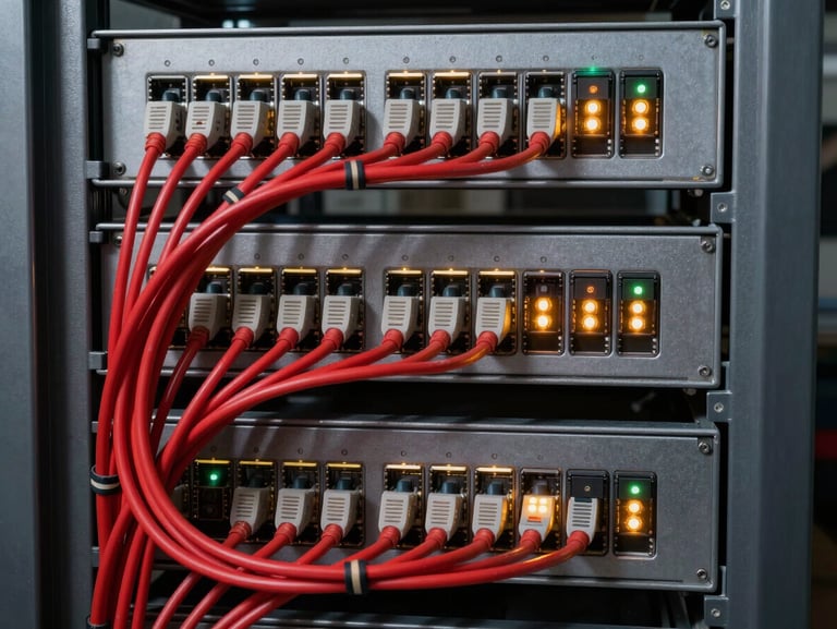 Primer plano de un rack de red organizado con cableado estructurado certificado, cables de categoría 6A peinados simétricamente con velcro, indicadores LED de color ámbar activos.