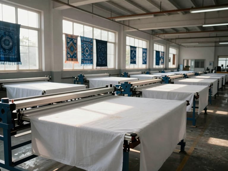 A wide-angle environmental shot of the Ekadasi factory interior, long printing tables stretched with white cotton fabric, sunlight streaming through high windows illuminating hanging indigo textiles.
