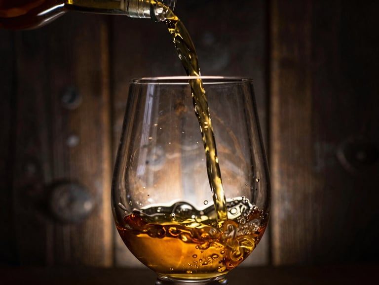 Macro shot of golden whisky pouring into a glass, amber backlighting, dark industrial background, shallow depth of field