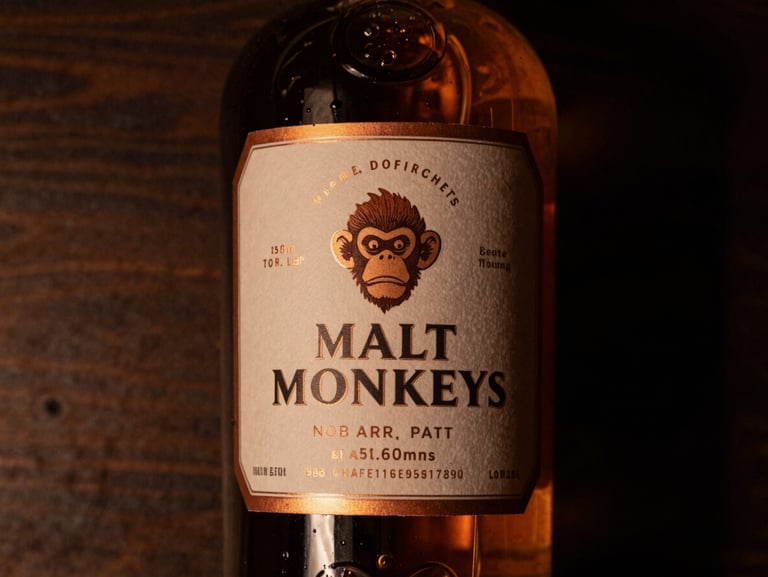 Close-up of a custom whisky bottle label with Malt Monkeys branding, warm copper tones, moody low-key lighting, 35mm