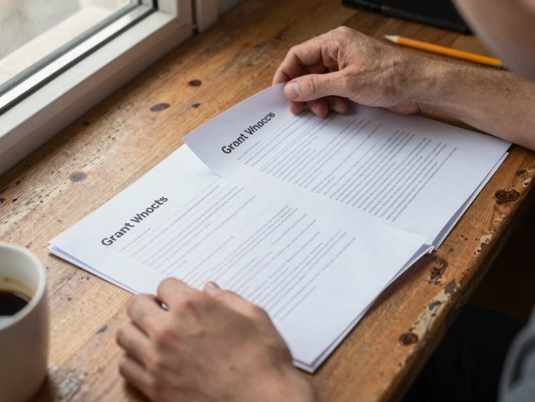 Close-up of an artist's hands sorting through printed grant application documents spread across a worn wooden desk, natural window light from the left, a half-empty coffee cup and pencil visible at the edge, candid environmental framing