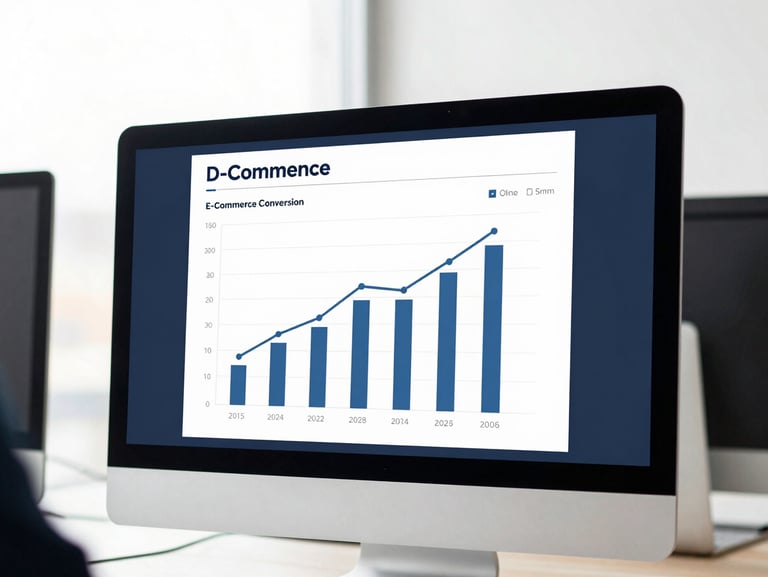 Crisp corporate photography of a digital strategist analyzing e-commerce conversion graphs on a high-end desktop monitor, cool natural window light, deep navy and clean white tones, sharp focus, 35mm.