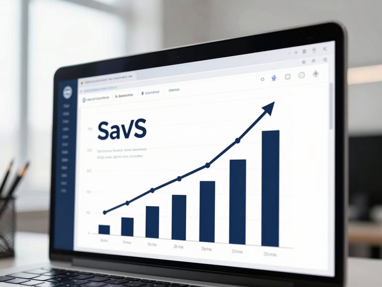 Close-up of a clean analytical dashboard showing upward SaaS growth metrics, bright crisp studio lighting, modern high-end workspace environment, sharp focus, 35mm.