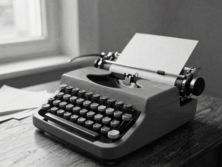 Classic black and white photojournalism, natural grain, retro newspaper print aesthetic, a vintage typewriter on a dark wooden desk with scattered paper, soft window light, 35mm