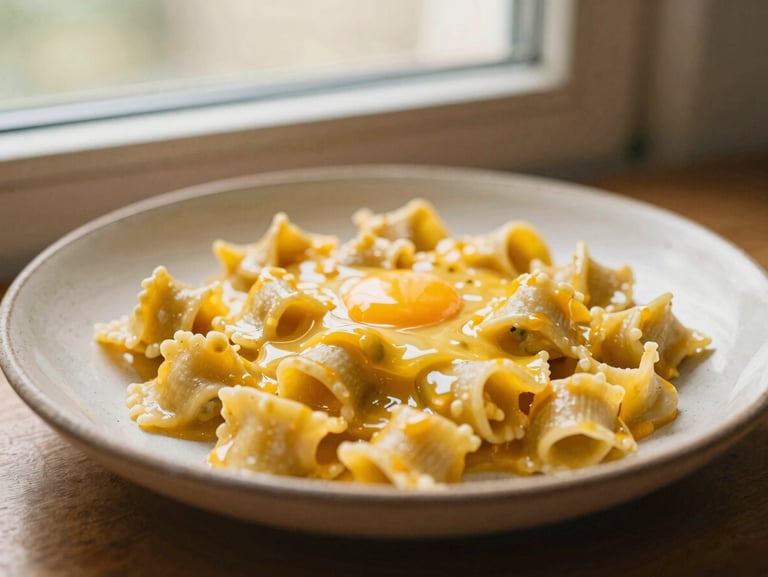 A rustic ceramic plate of fresh handmade pasta coated in a rich, deep-yellow egg yolk sauce, soft morning light from a nearby window, shallow depth of field, warm editorial style.