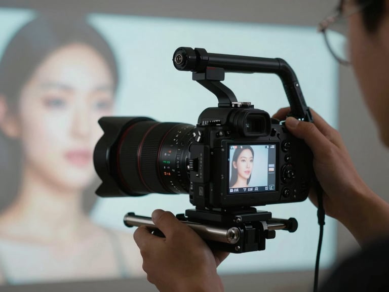 Cinematic close-up of hands holding a camera rig, capturing a soft-lit beauty scene, digital projections in the background