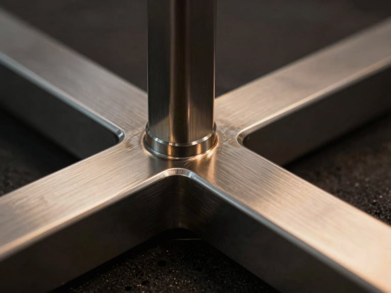 Macro detail of a custom brushed-metal structural joint, glowing warm ambient light reflecting off the metallic surface, dark negative space