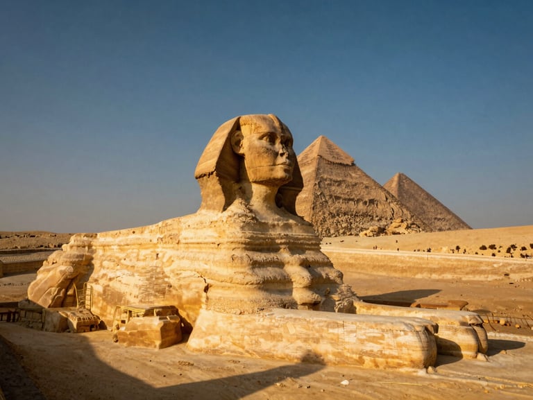 The Great Sphinx and Pyramids of Giza shot from a low angle casting long shadows in the harsh afternoon sun, warm terracotta tones.