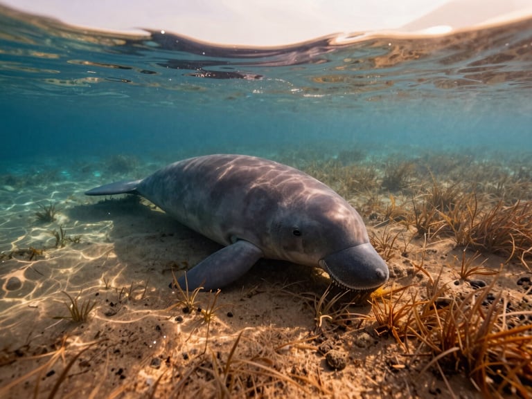 A rare dugong grazing peacefully on sea grass in the shallow sandy shallows of Marsa Alam, warm sunlight rippling through clear turquoise water.