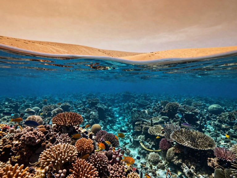 Deep underwater blue light rays filtering down to pristine coral gardens in Ras Mohammed, vibrant marine life, wide-angle cinematic lens.