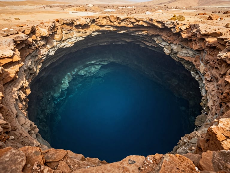 Looking down into the deep indigo circle of Dahab's Blue Hole from underwater, surrounded by sheer limestone reef walls, natural light filtering from the surface.