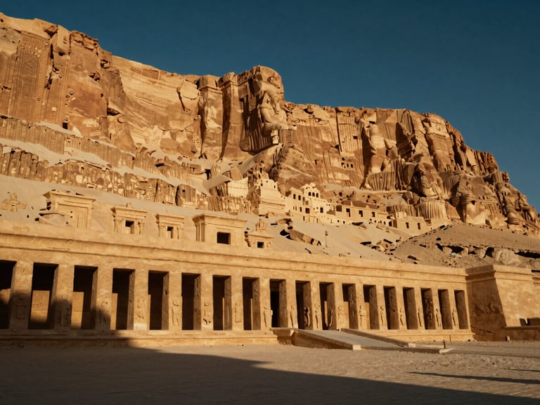 Low-angle dramatic view of Hatshepsut Temple, warm sandstone textures, harsh desert sun casting deep architectural shadows.