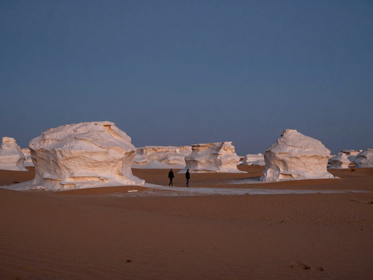 Solitary figures walking near surreal white limestone formations in the White Desert under a twilight sky, cool tones contrasting with warm sand.