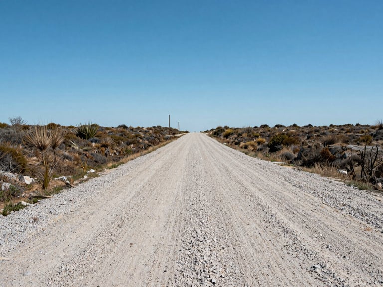 Ground-level approach shot of a northern terrain parcel at midday, wide gravel access road leading into the frame, low dry vegetation flanking both sides, visible utility poles along the road edge, clear blue sky, no people, no structures