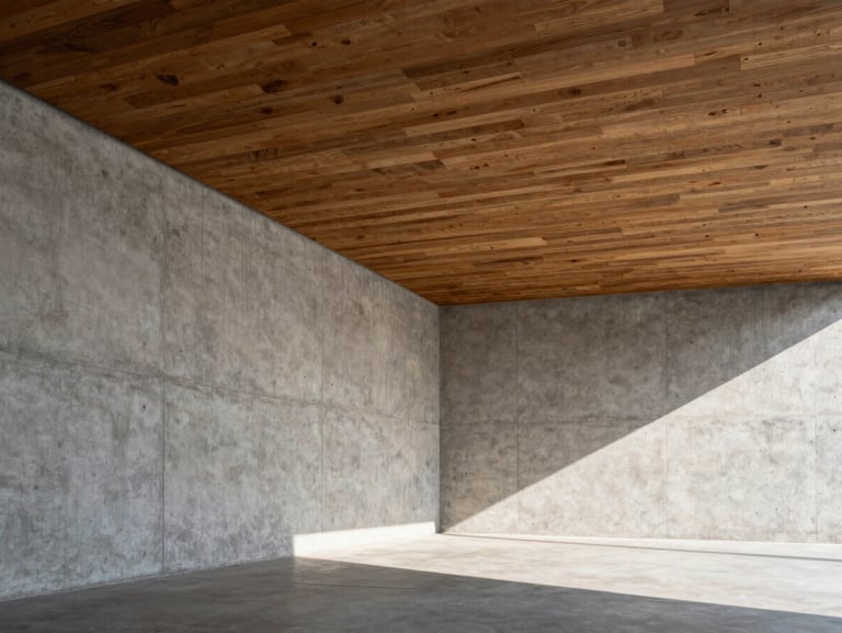 One-point perspective of board-formed concrete walls meeting a massive unpolished timber ceiling, harsh natural light casting geometric shadows.