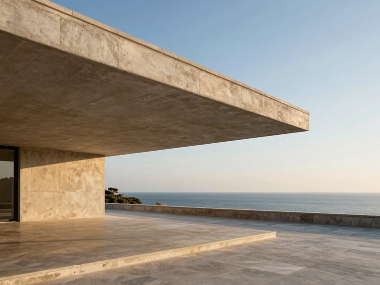 Wide architectural elevation of a concrete cantilever roof shading a stone terrace, Mediterranean sea in the background, low-angle golden hour light.