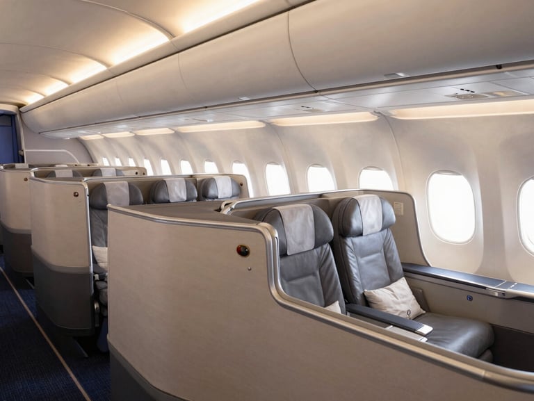 A modern commercial airplane cabin interior, premium first-class seating with warm ambient lighting, clean and luxurious atmosphere, editorial travel photography.