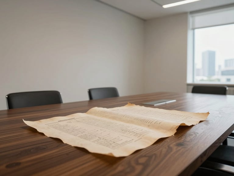 Wide-angle architectural shot of a minimalist Scandinavian-style boardroom in Dubai, soft diffused daylight, heavy parchment itineraries on a dark oak table.