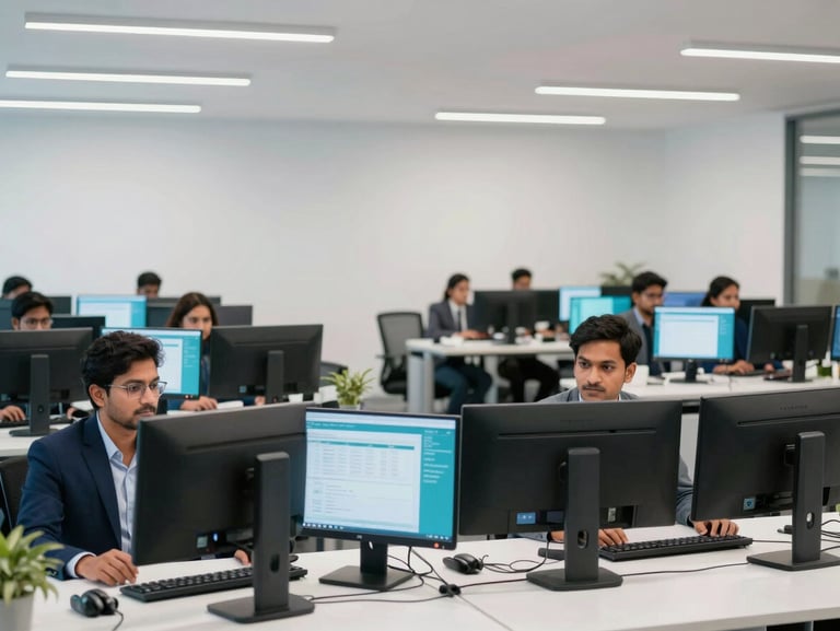 A modern, bright corporate workspace in IT City Mohali, professional team members collaborating in front of dual-monitor setups, clean design.